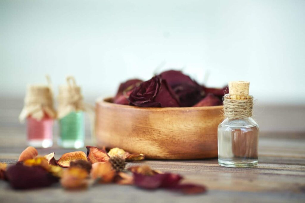 Close up of vials with rose essence