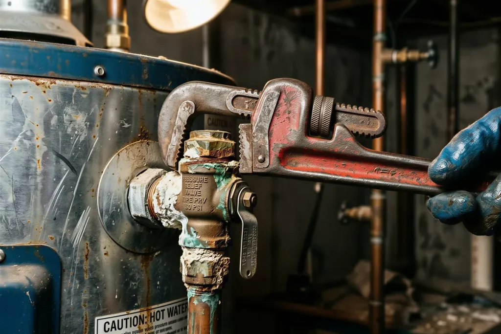 A worker repairs a water heater with a large wrench in a dim basement, highlighting the need for regular service.